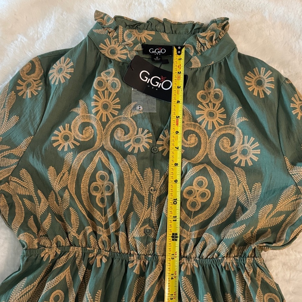 Gigio Romantic Sage Textured Print Tiered  Midi- Maxi Dress w/ Bell Sleeves, NWT - Picture 11 of 16